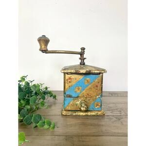 Vintage Italian Florentine Coffee Grinder Blue Gold Gilt Hand-Crank Mill Box